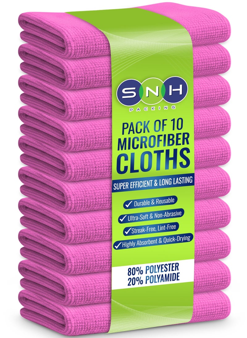 SNH Packing [Pack of 10] Microfiber Cleaning Cloths 40 x 40 cm - Pink - Super Absorbent, Lint-Free & Streak-Free Multipurpose Towels for Kitchen, Car, Bathroom & Glass - Image 1